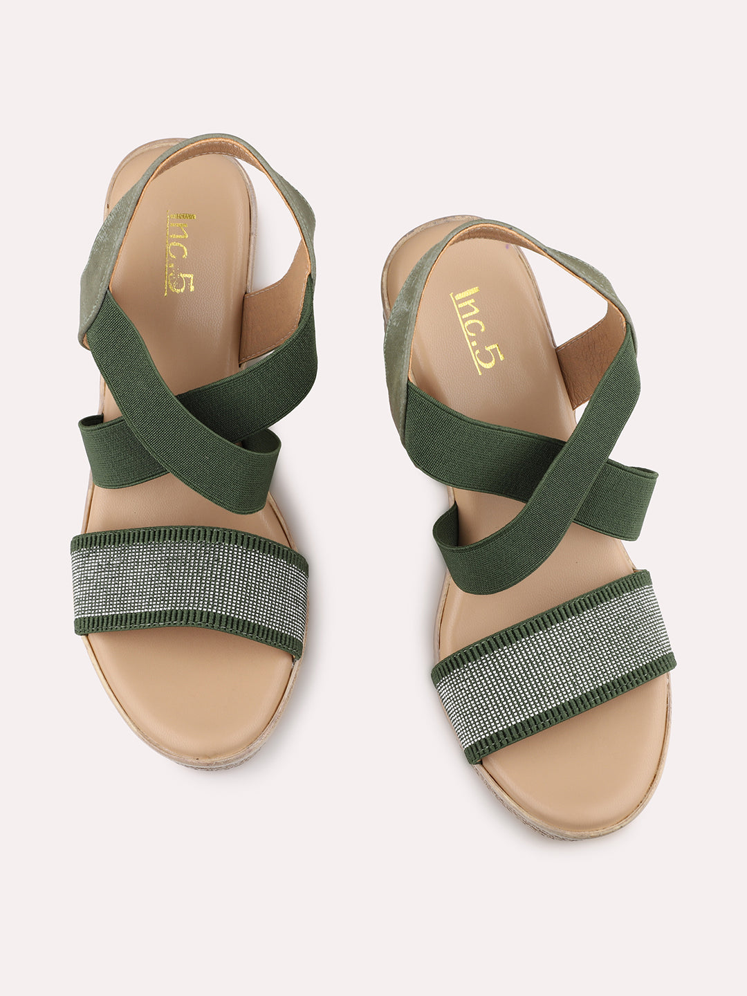 Women Green Textured Platform Heels With Backstrap