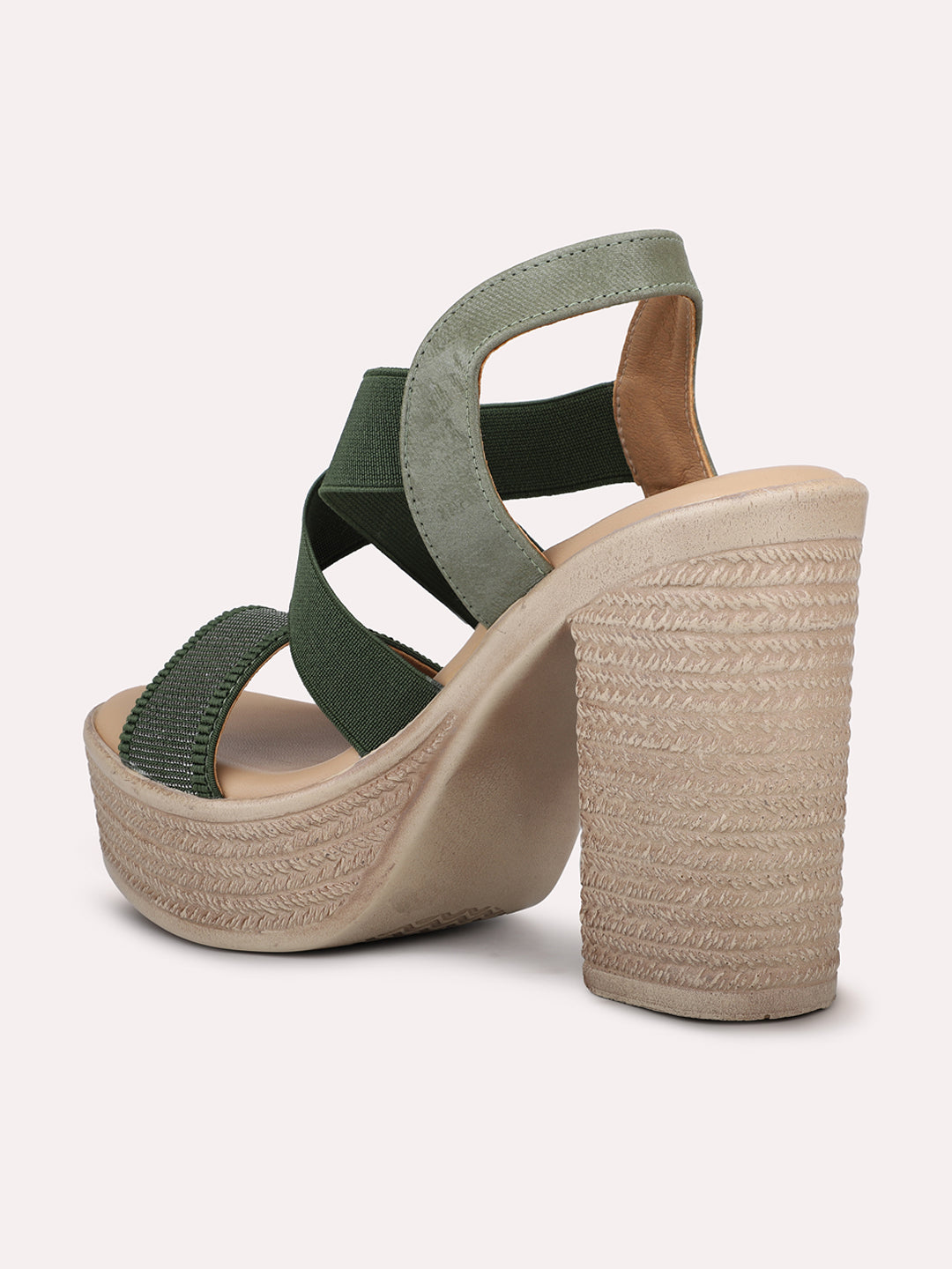 Women Green Textured Platform Heels With Backstrap