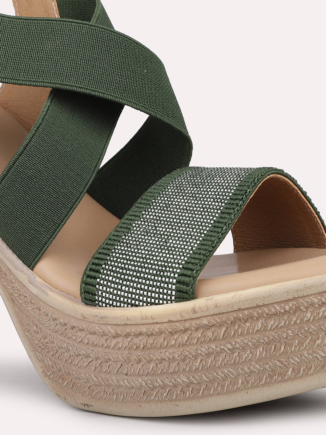 Women Green Textured Platform Heels With Backstrap