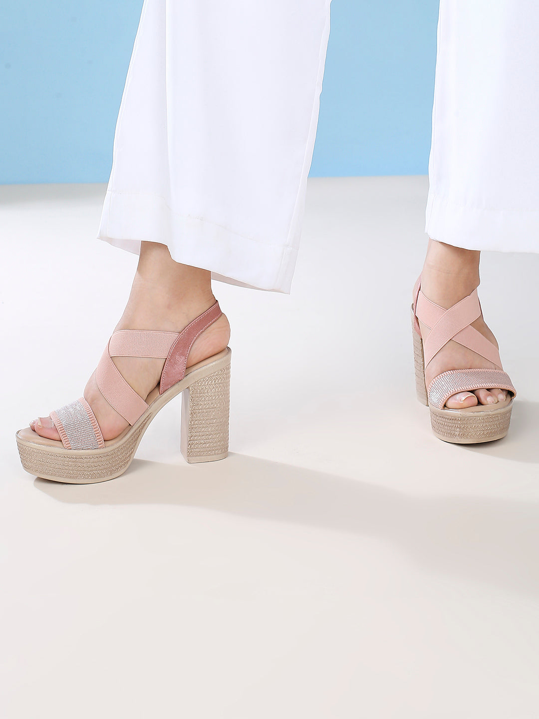 Women Peach Textured Platform Heels With Backstrap