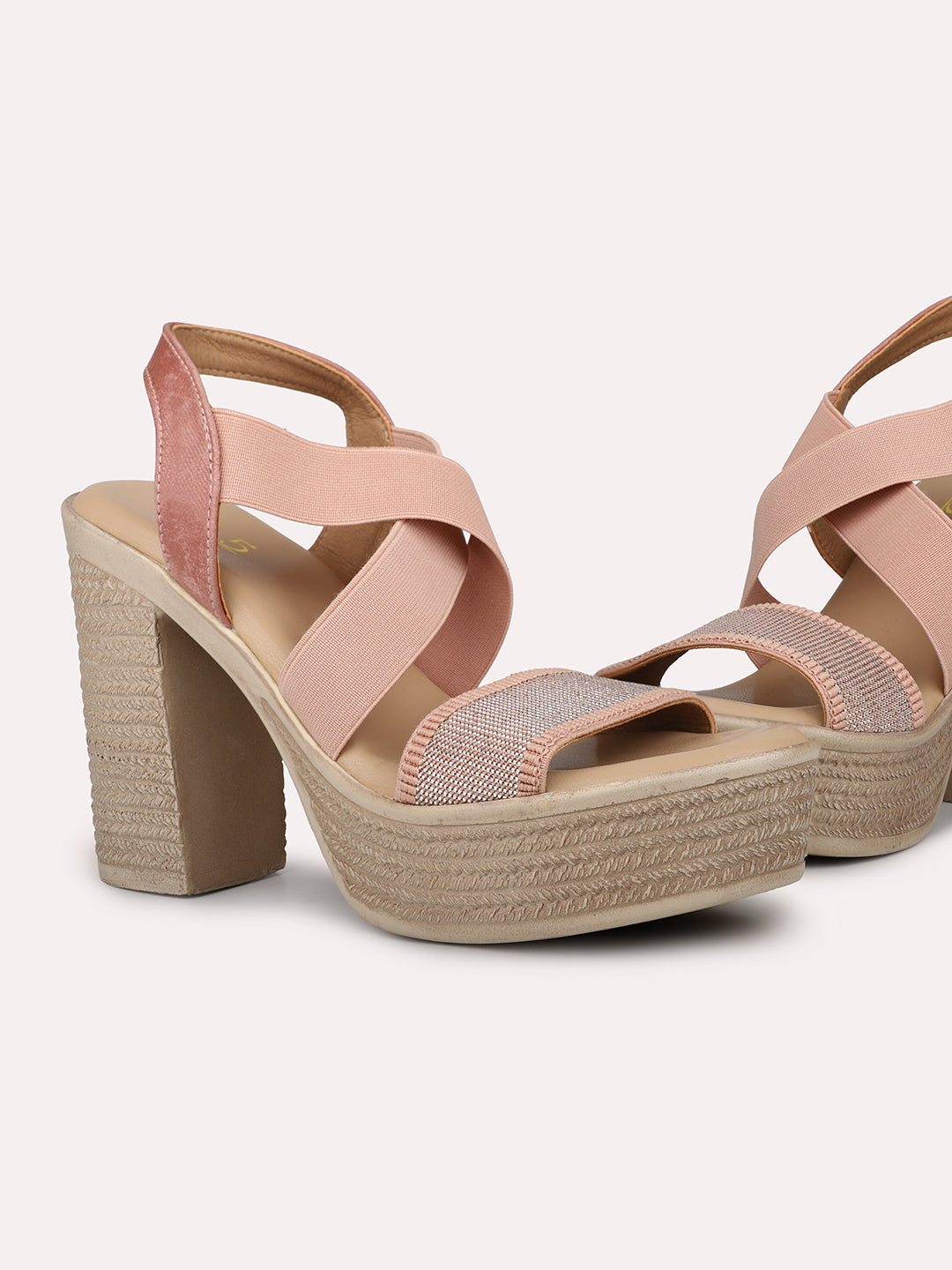 Women Peach Textured Platform Heels With Backstrap