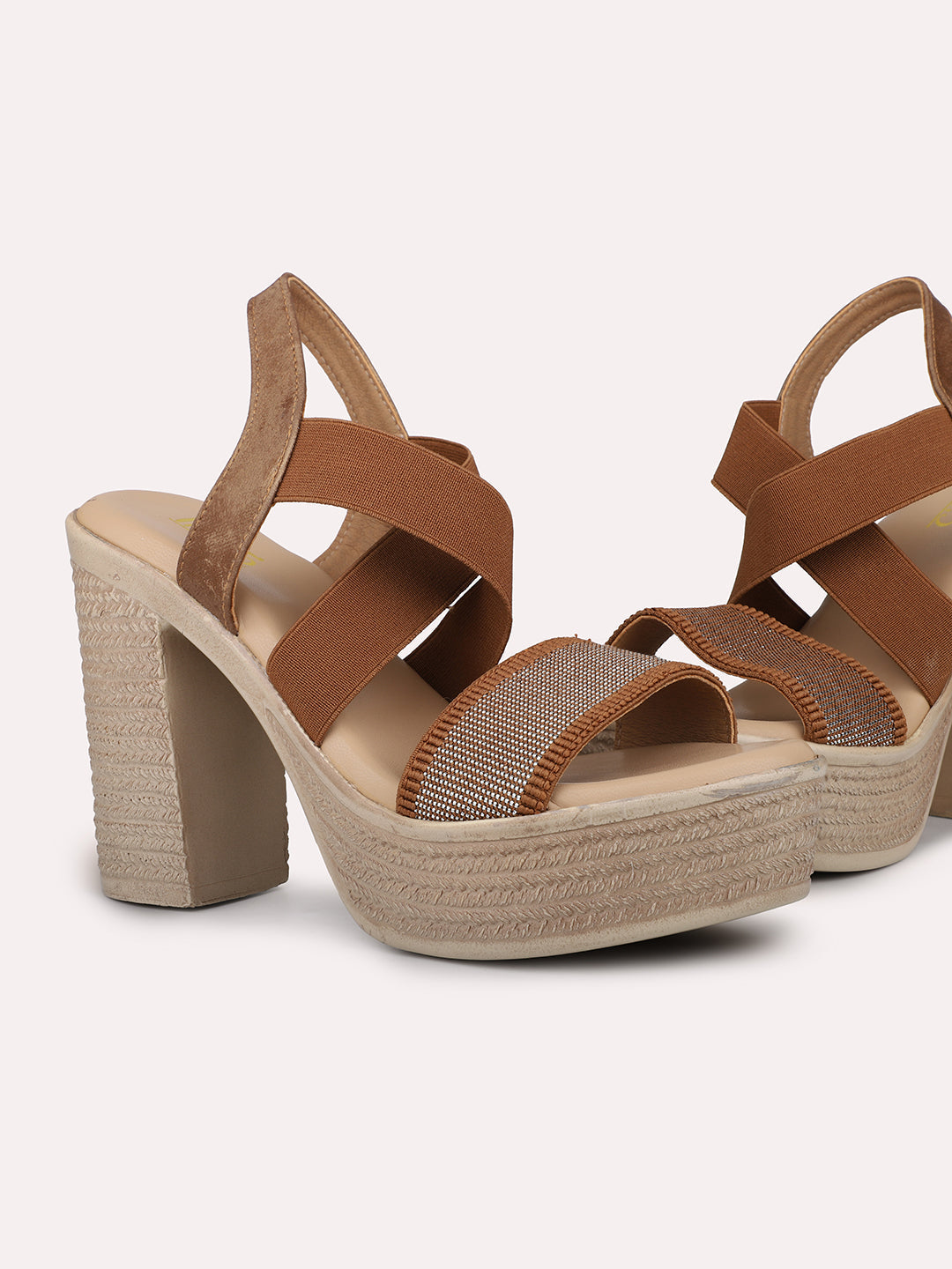 Women Tan Textured Platform Heels With Backstrap