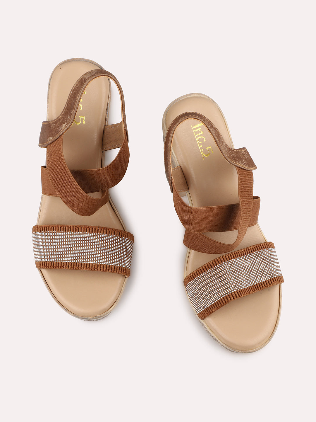 Women Tan Textured Platform Heels With Backstrap