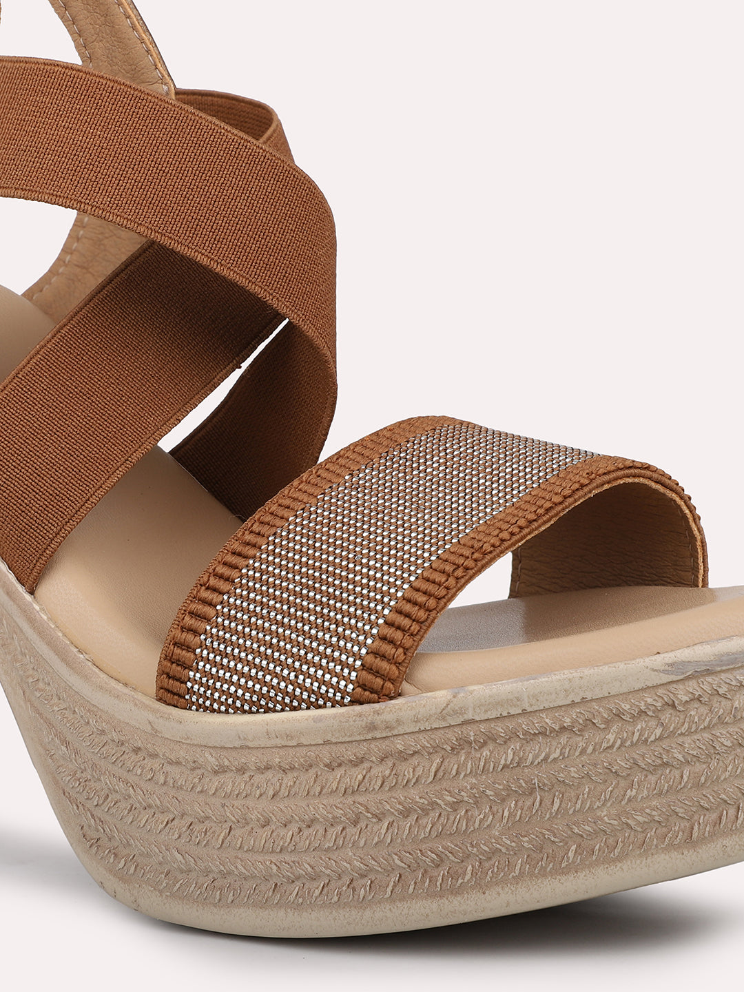 Women Tan Textured Platform Heels With Backstrap