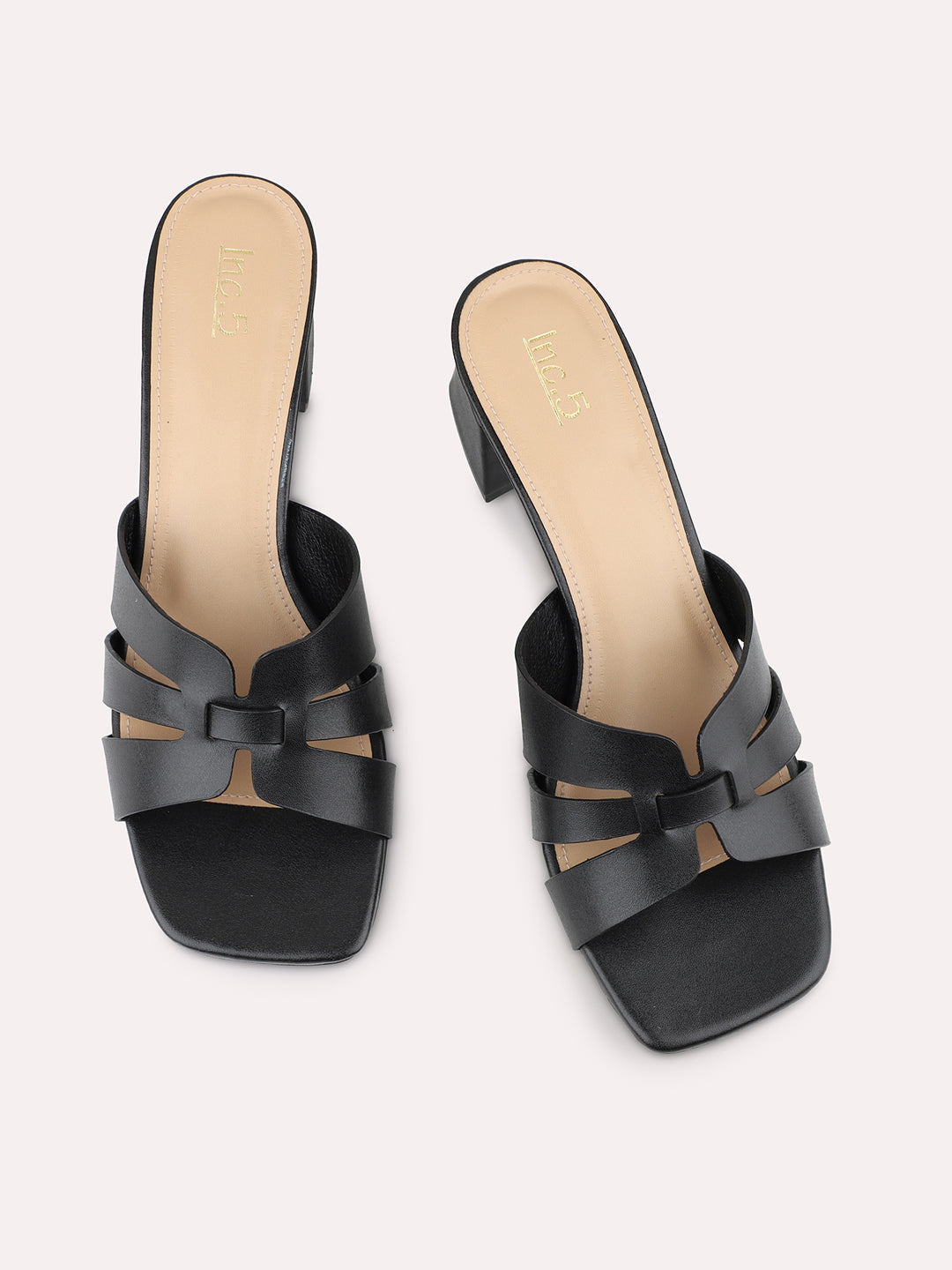 Women Black Strappy Open Toe Block Heels