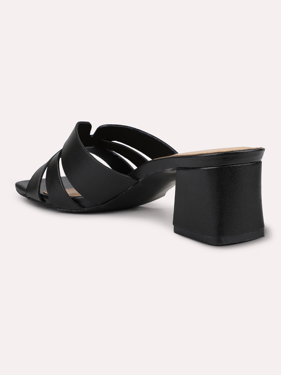 Women Black Strappy Open Toe Block Heels