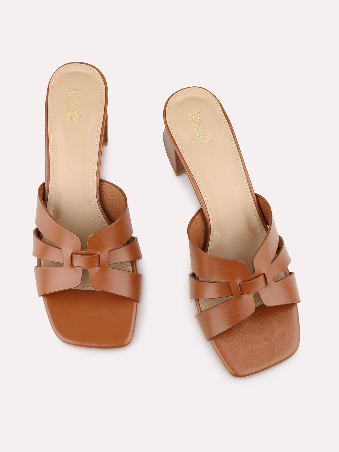 Women Tan Strappy Open Toe Block Heels