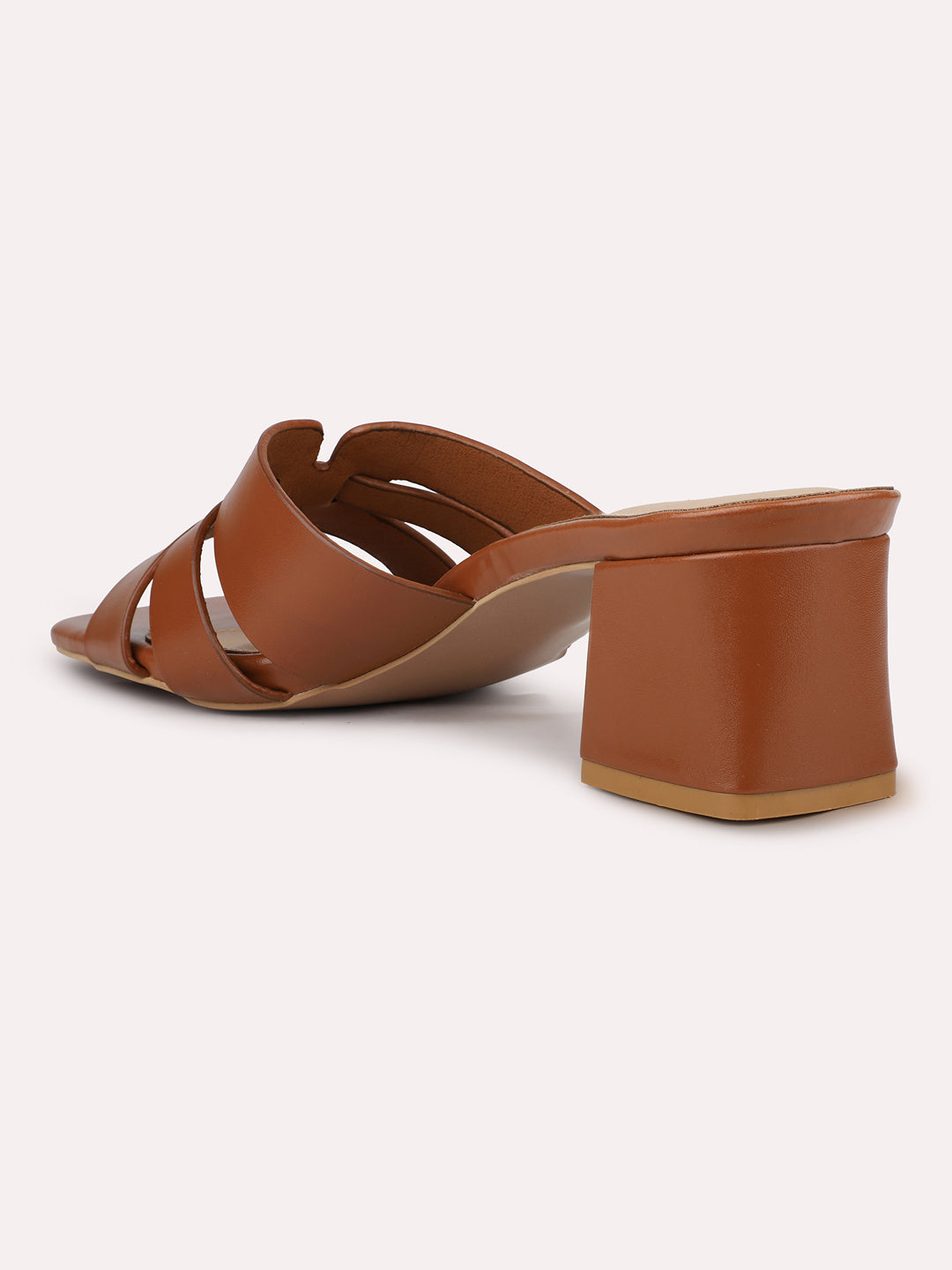 Women Tan Strappy Open Toe Block Heels