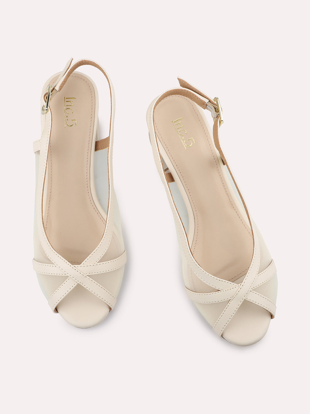 Women Beige Buckle Closure Block Peep Toes