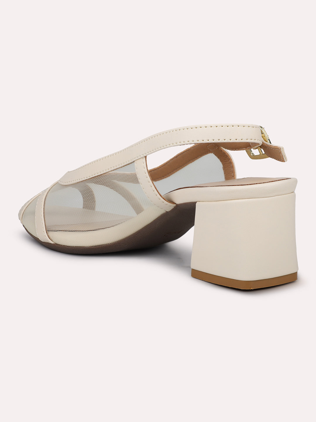 Women Beige Buckle Closure Block Peep Toes