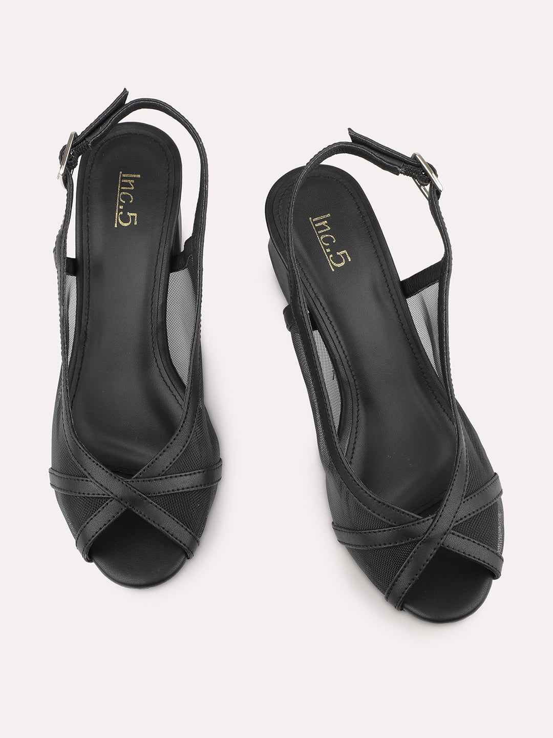 Women Black Buckle Closure Block Peep Toes