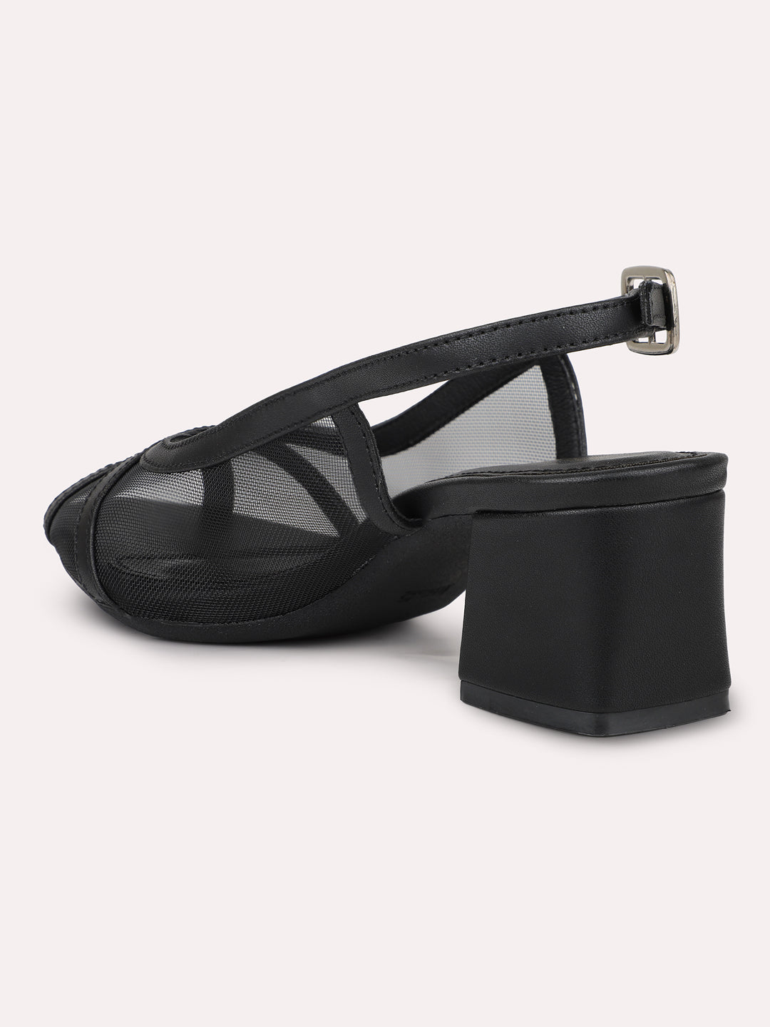 Women Black Buckle Closure Block Peep Toes