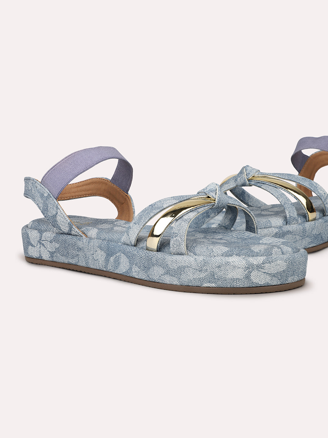 Women Blue And Gold-Toned Printed Open Toe Wedge Heels With Backstrap