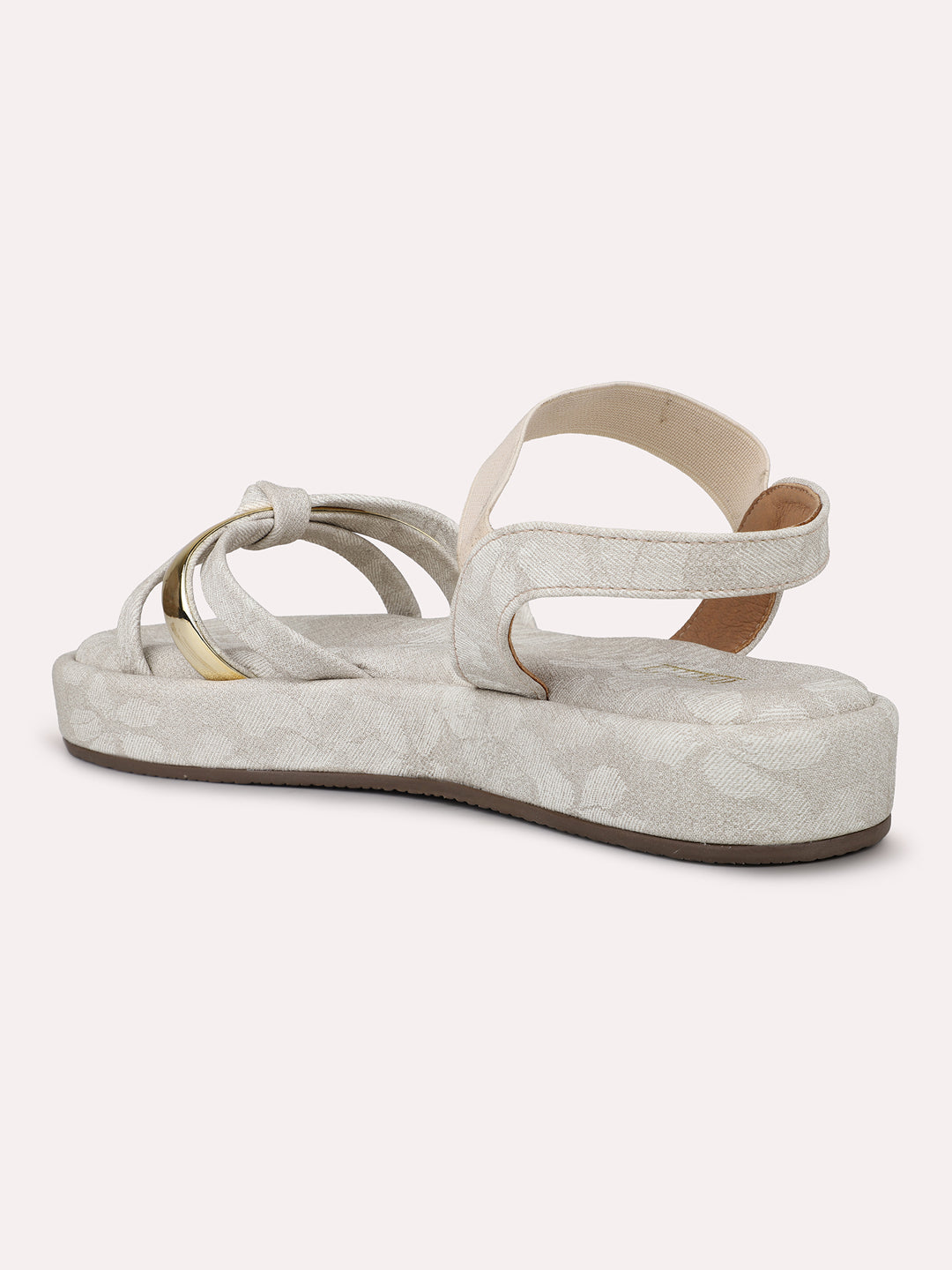 Women Cream And Gold-Toned Printed Open Toe Wedge Heels With Backstrap