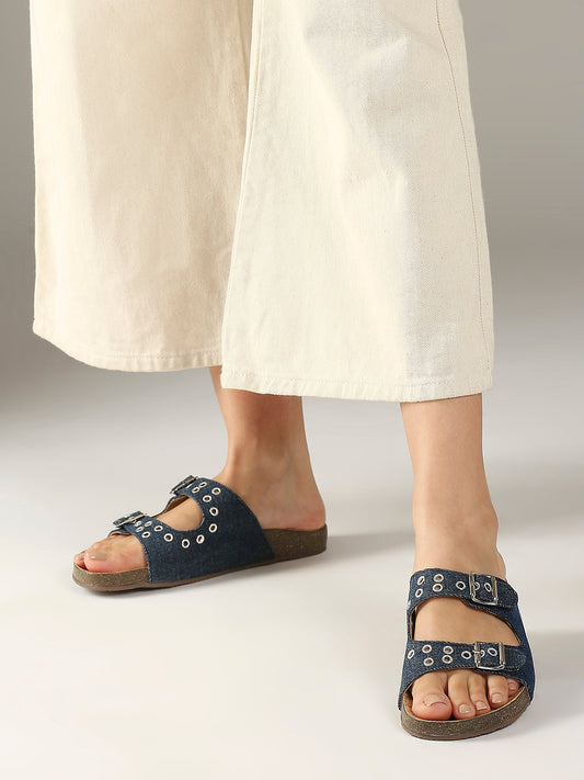 Women Navy Denim Cork Finish Comfort Open Toe Flats With Buckle Detail