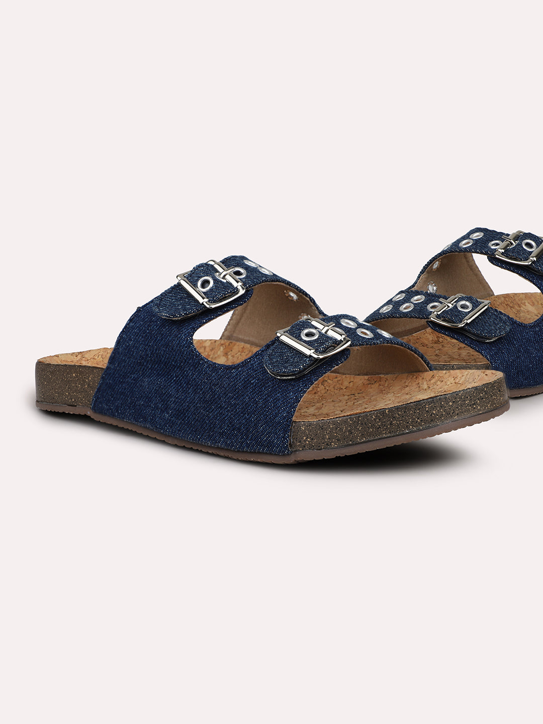 Women Navy Denim Cork Finish Comfort Open Toe Flats With Buckle Detail