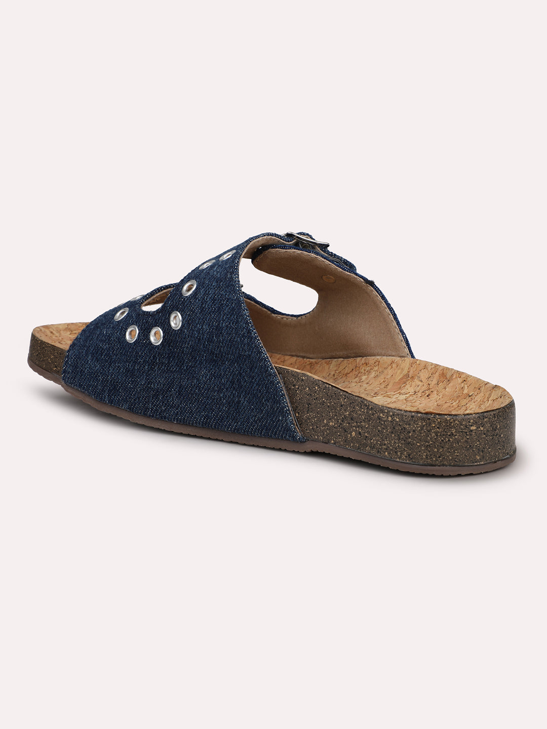 Women Navy Denim Cork Finish Comfort Open Toe Flats With Buckle Detail