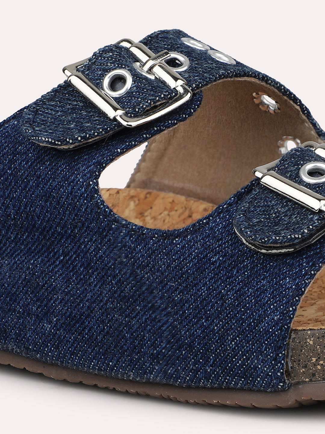 Women Navy Denim Cork Finish Comfort Open Toe Flats With Buckle Detail