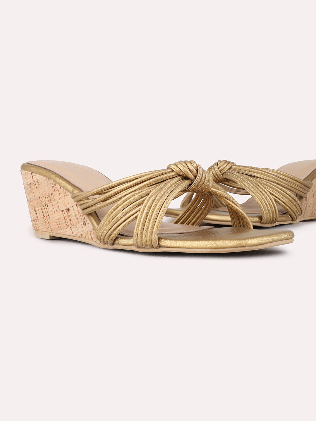 Womens Golden Party Wear Striped Square Toe Wedge Heel Sandals