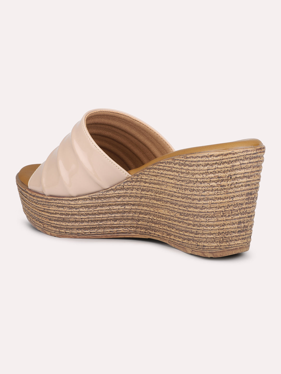 Women Beige Textured Open Toe Wedge Heels