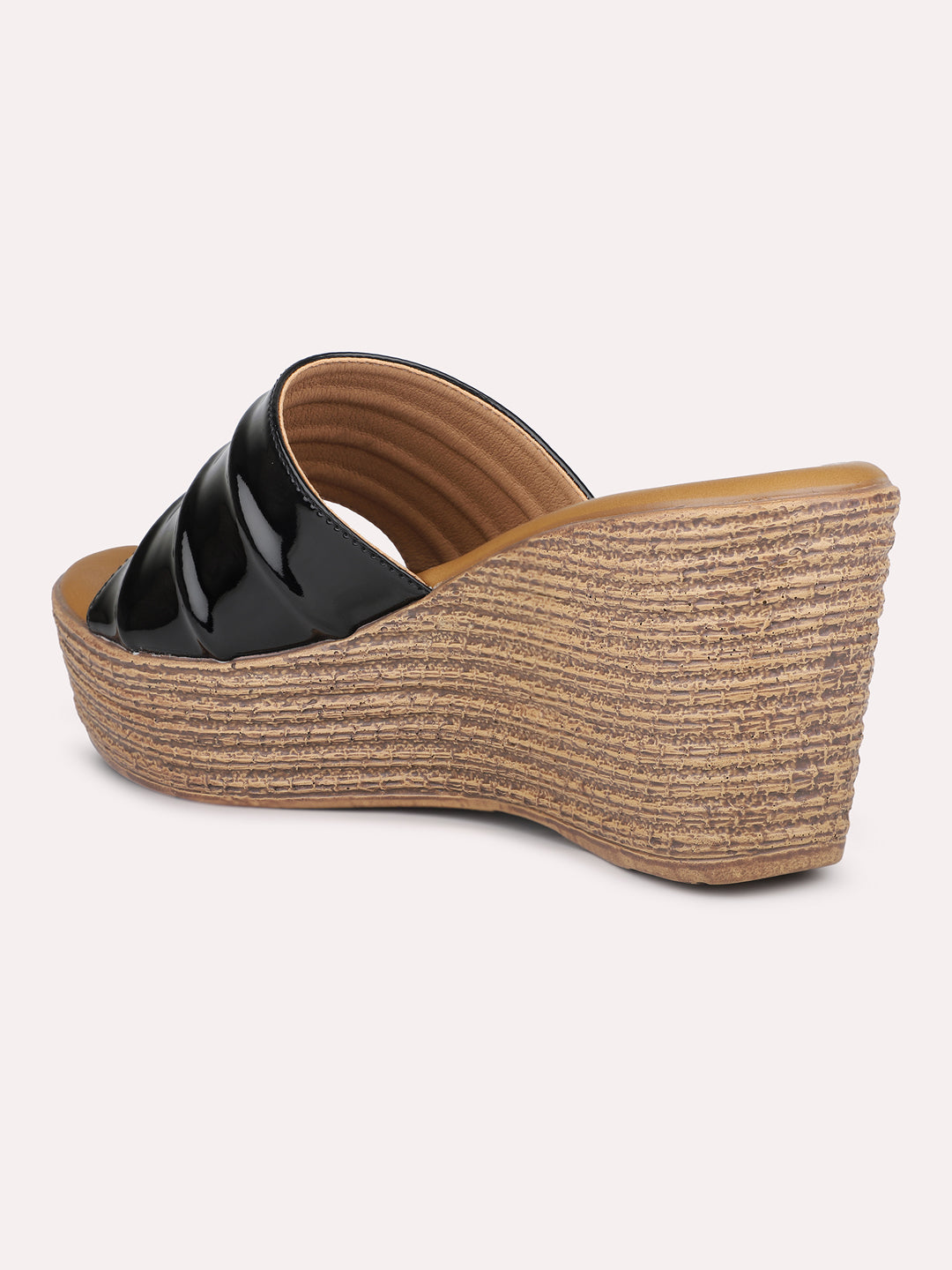 Women Black Textured Open Toe Wedge Heels