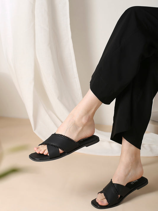 Women Black Embellished Cross Strap Open Toe Flats