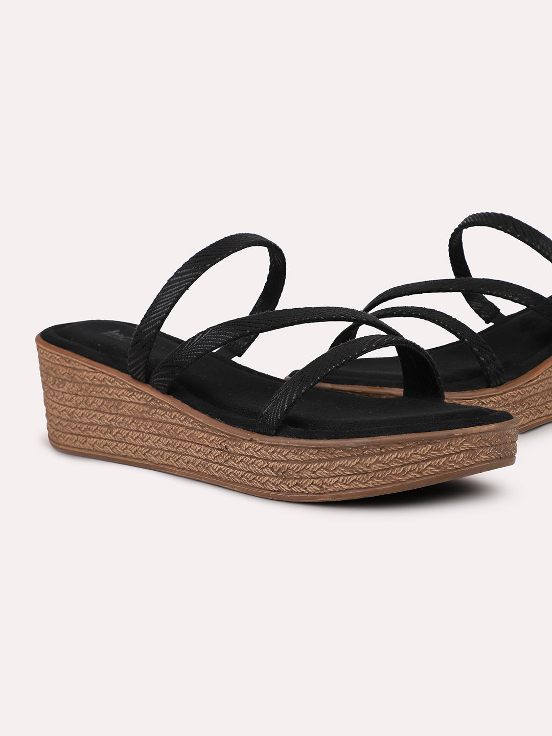 Women Black Strappy Metallic Printed Wedge Heels