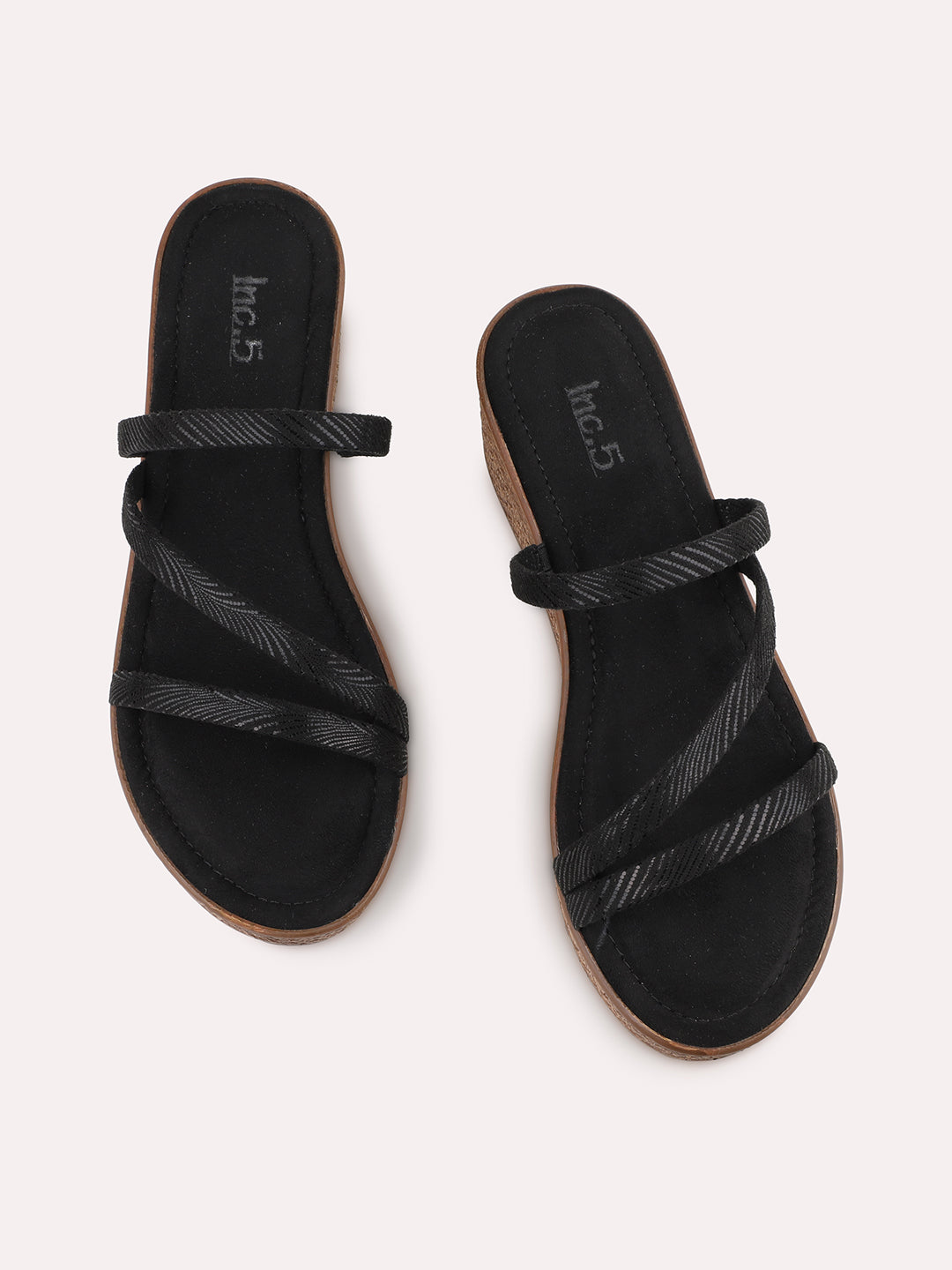 Women Black Strappy Metallic Printed Wedge Heels