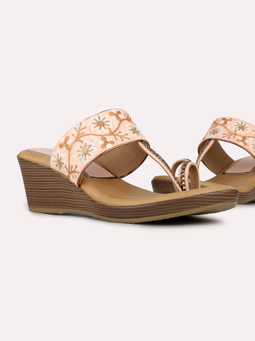 Women Peach Ethnic Embellished Round Toe Wedge Heel Sandals
