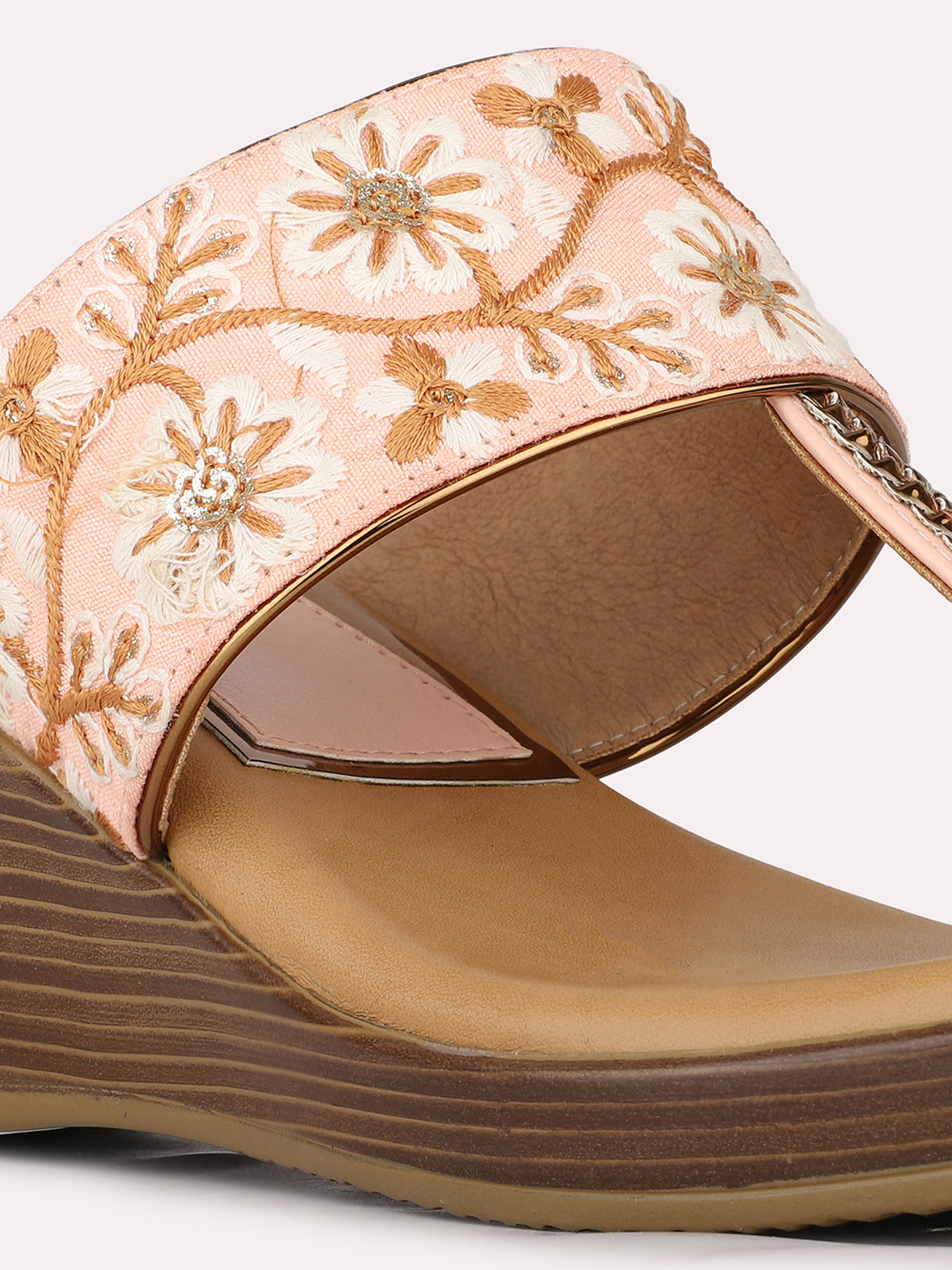 Women Peach Ethnic Embellished Round Toe Wedge Heel Sandals