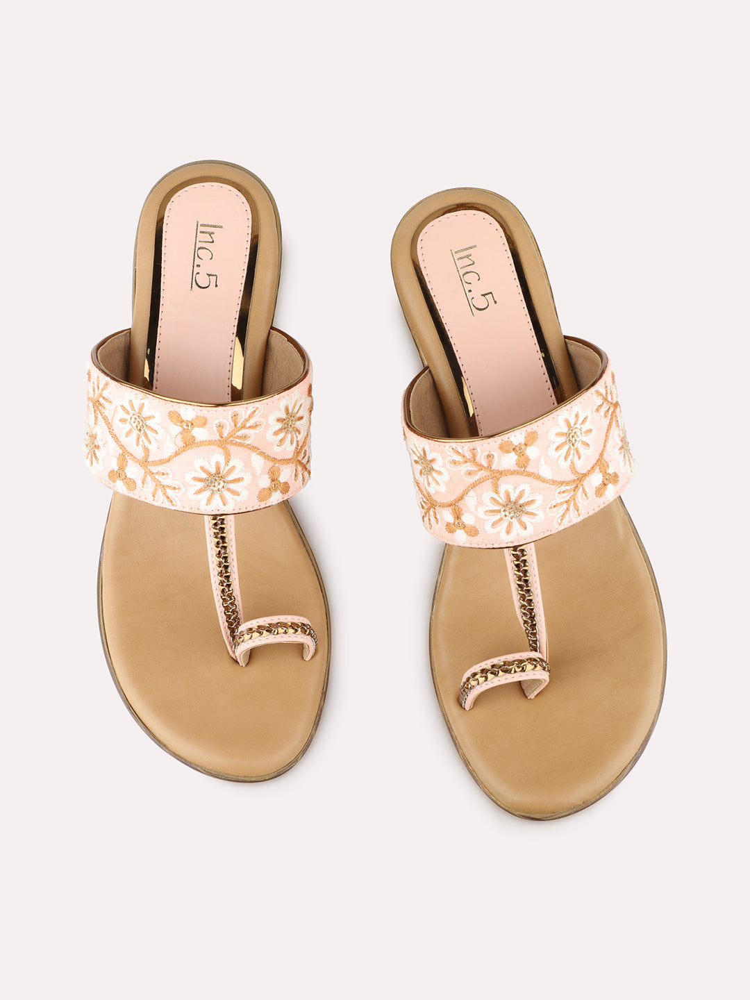 Women Peach Ethnic Embellished Round Toe Wedge Heel Sandals