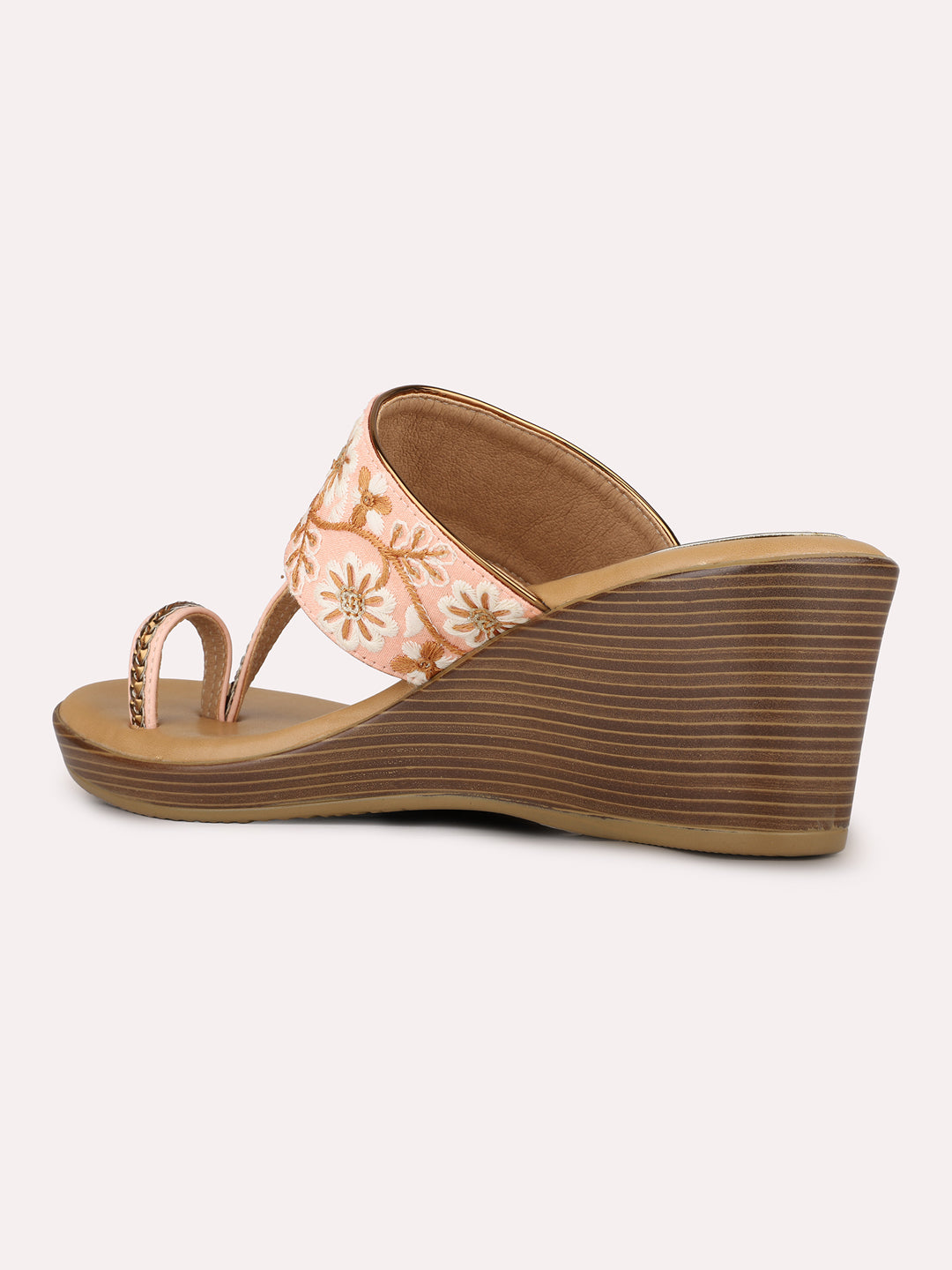 Women Peach Ethnic Embellished Round Toe Wedge Heel Sandals