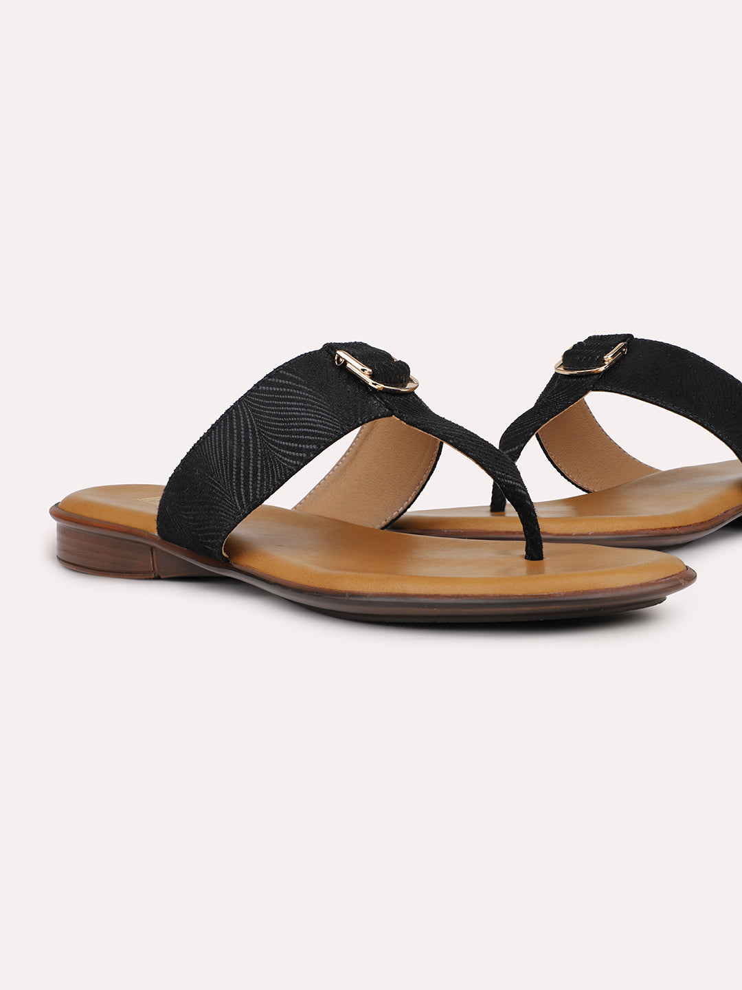 Womens Black Party Wear T-strap Flat Sandals