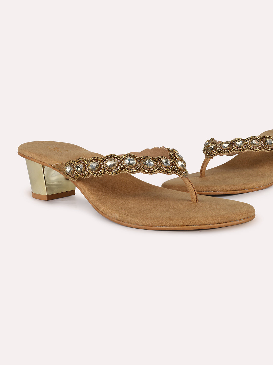 Womens Golden Ethnic Embellished Round Toe Block Heel Sandals