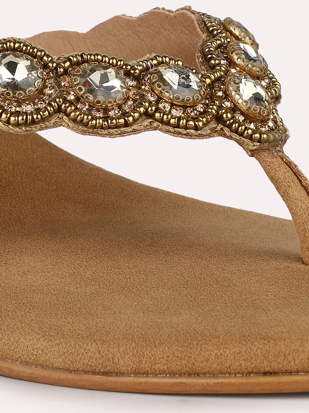 Womens Golden Ethnic Embellished Round Toe Block Heels