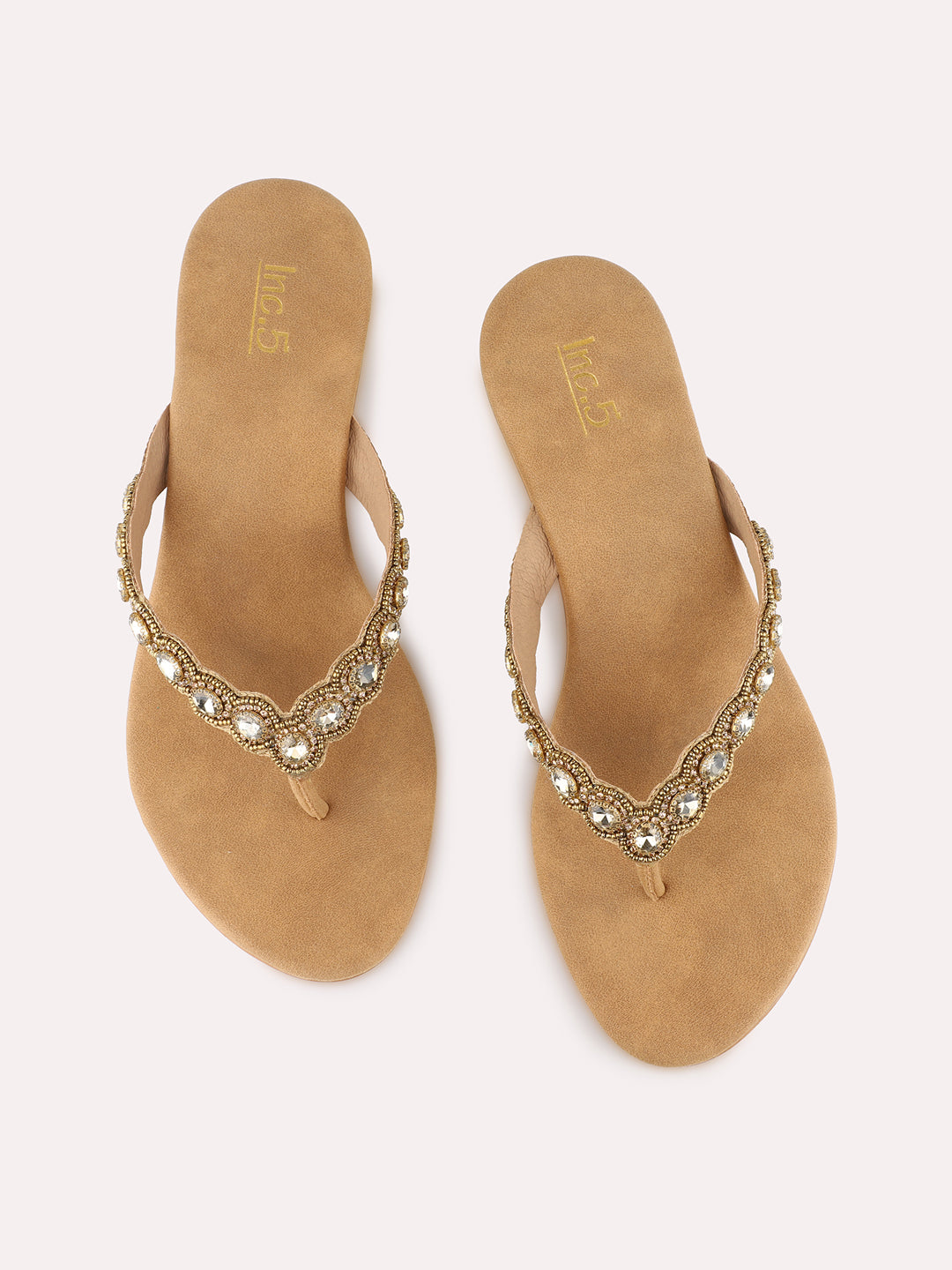 Womens Golden Ethnic Embellished Round Toe Block Heels
