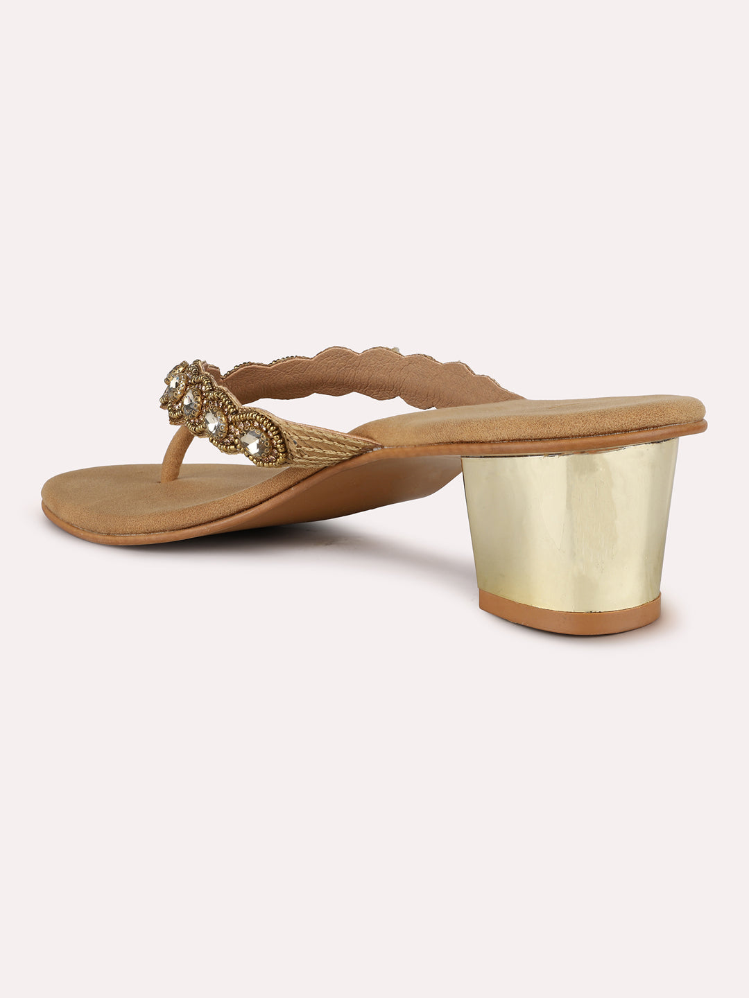 Womens Golden Ethnic Embellished Round Toe Block Heels