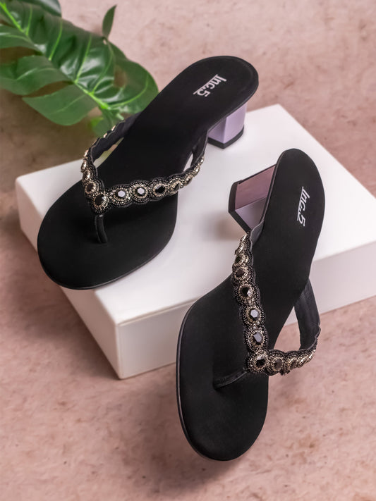 Womens Black Ethnic Open toe Block Heel Sandals