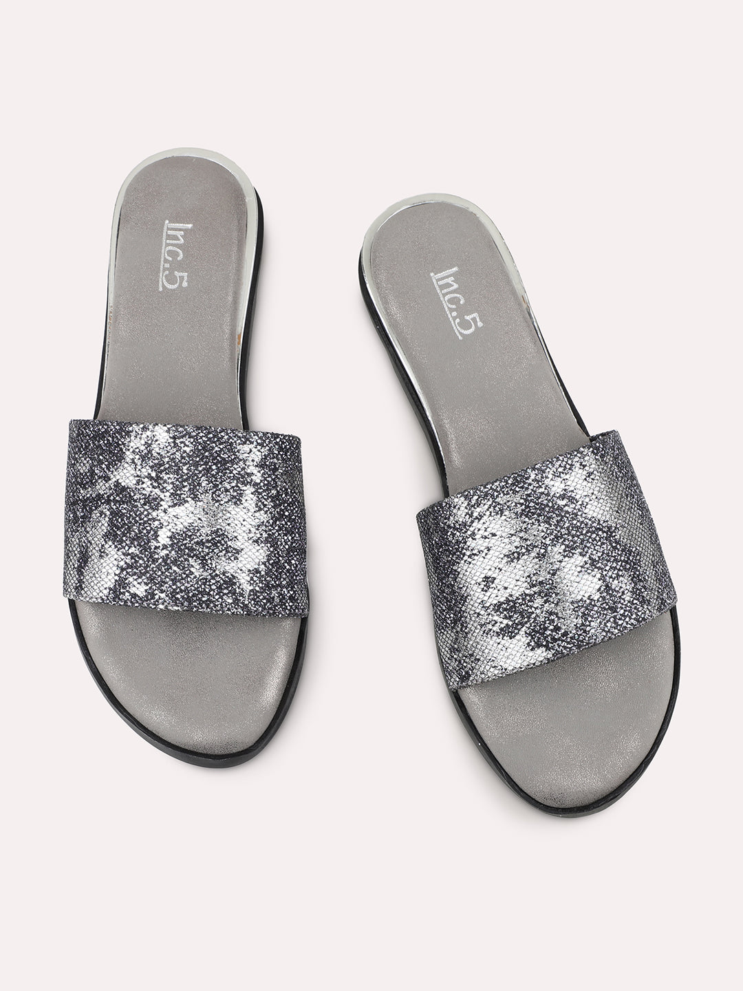 Women Pewter Embellished Open Toe Flats