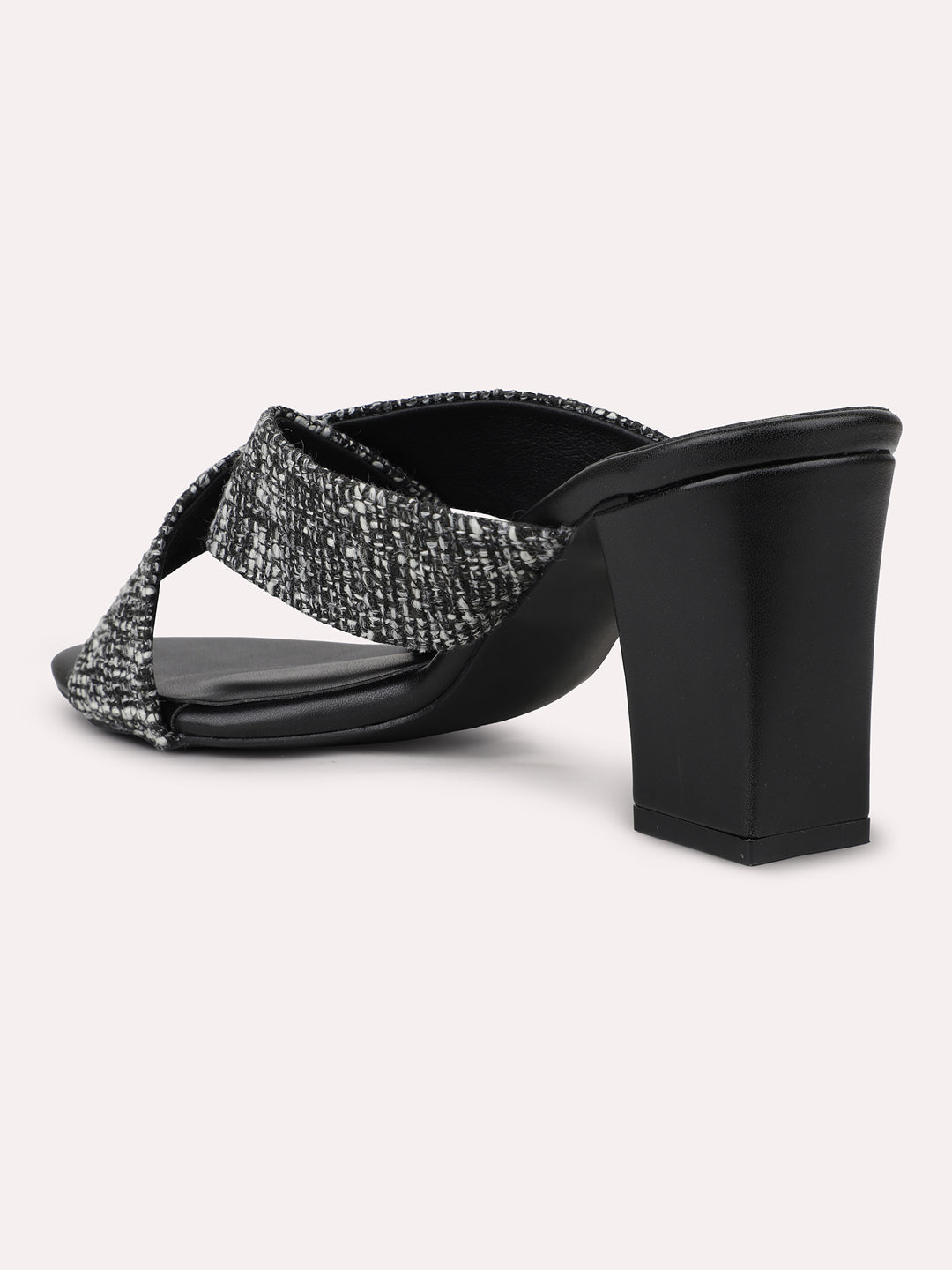 Women Black Textured Open Toe Block Heels