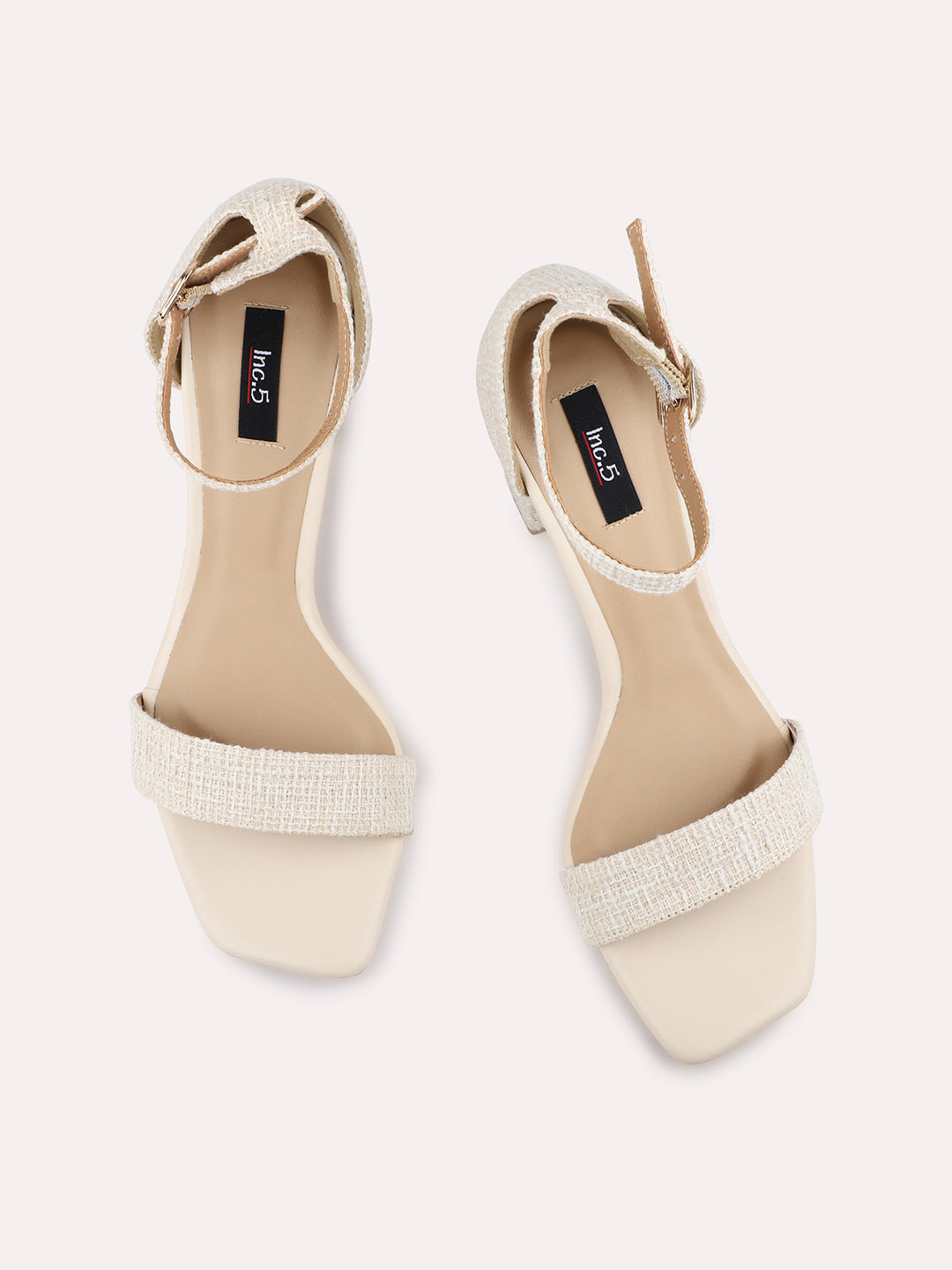 Women Cream Textured Mid-Top Block Heels With Buckles