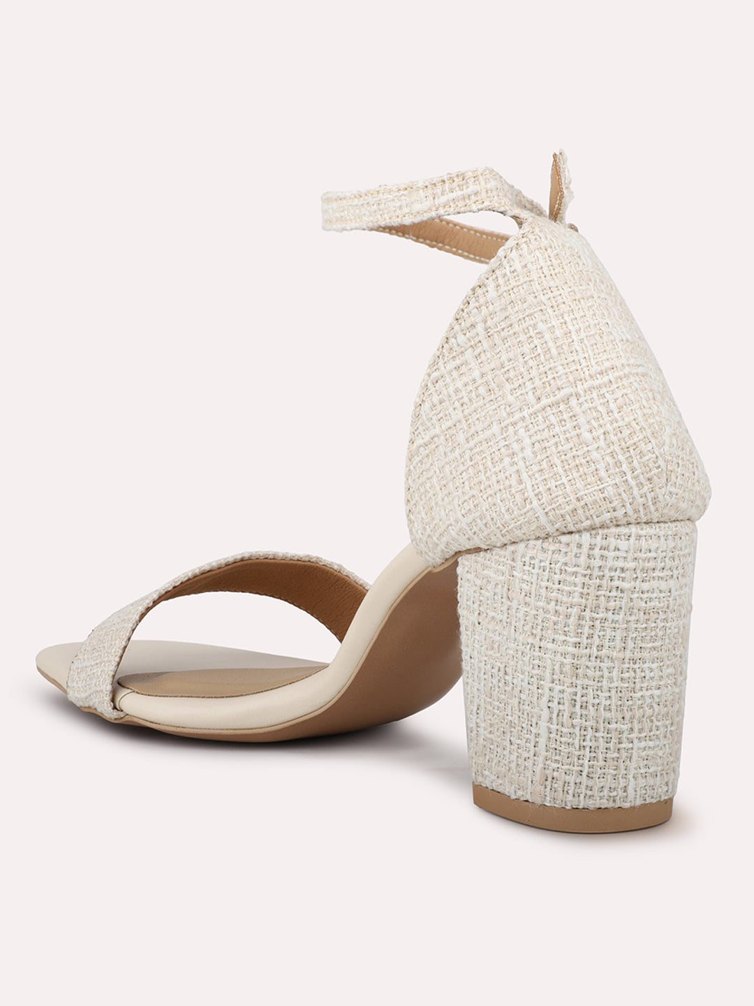 Women Cream Textured Mid-Top Block Heels With Buckles