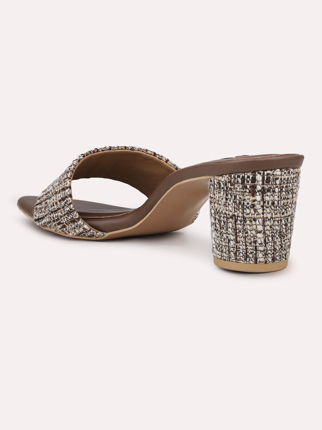 Women Brown Textured Open Toe Block Heels