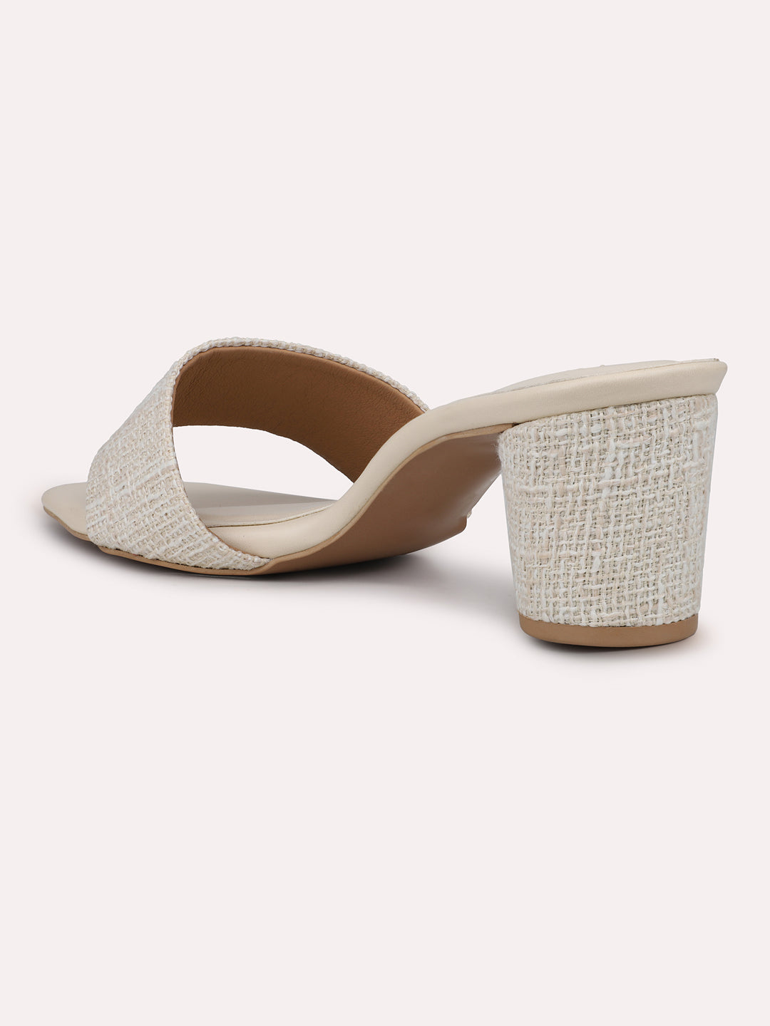 Women Cream Textured Open Toe Block Heels