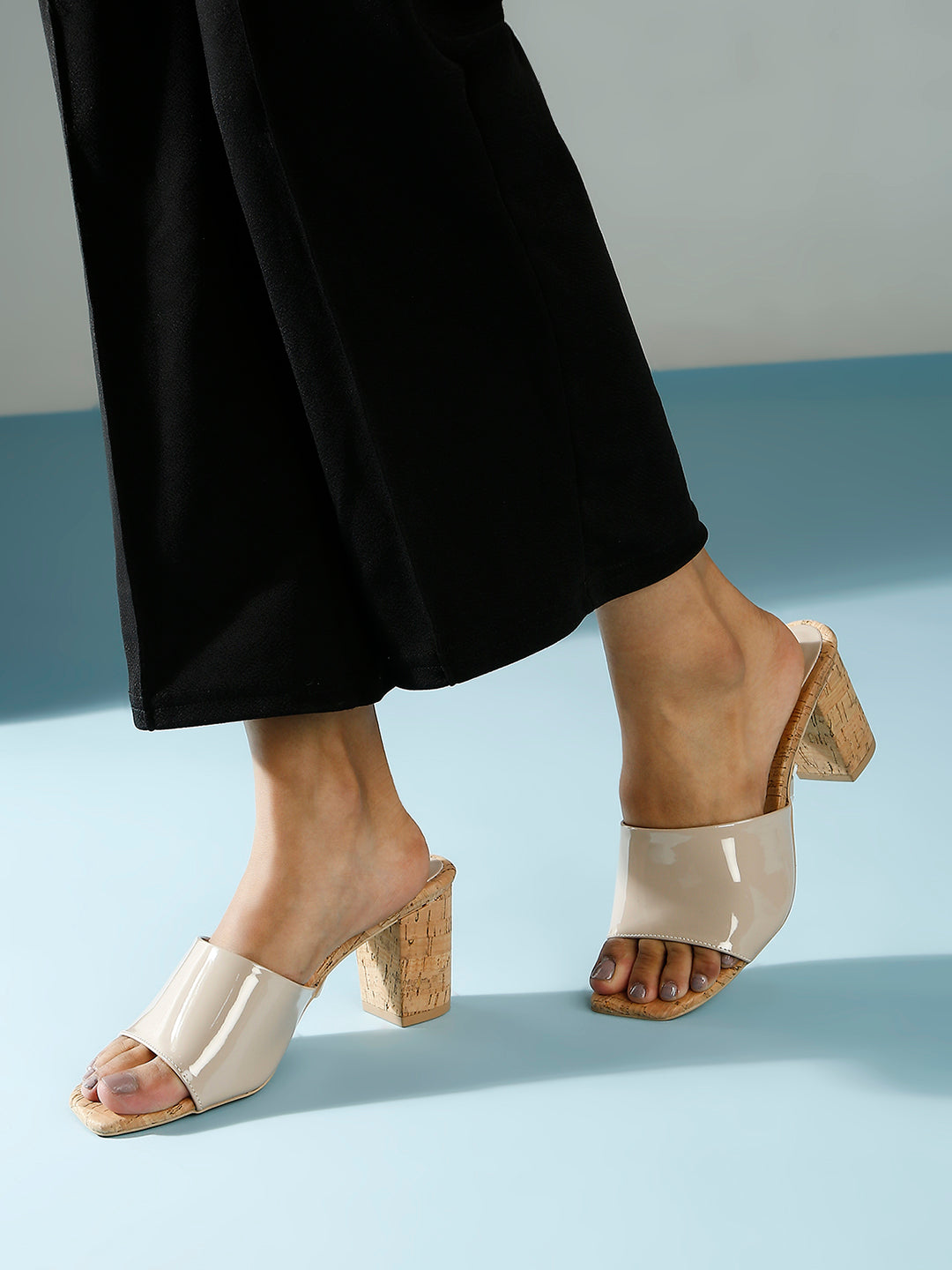 Women Beige Cork Finish Open Toe Block Heels