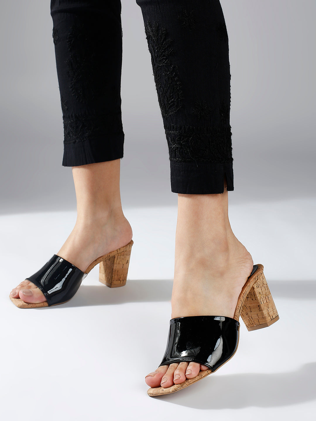 Women Black Cork Finish Open Toe Block Heels