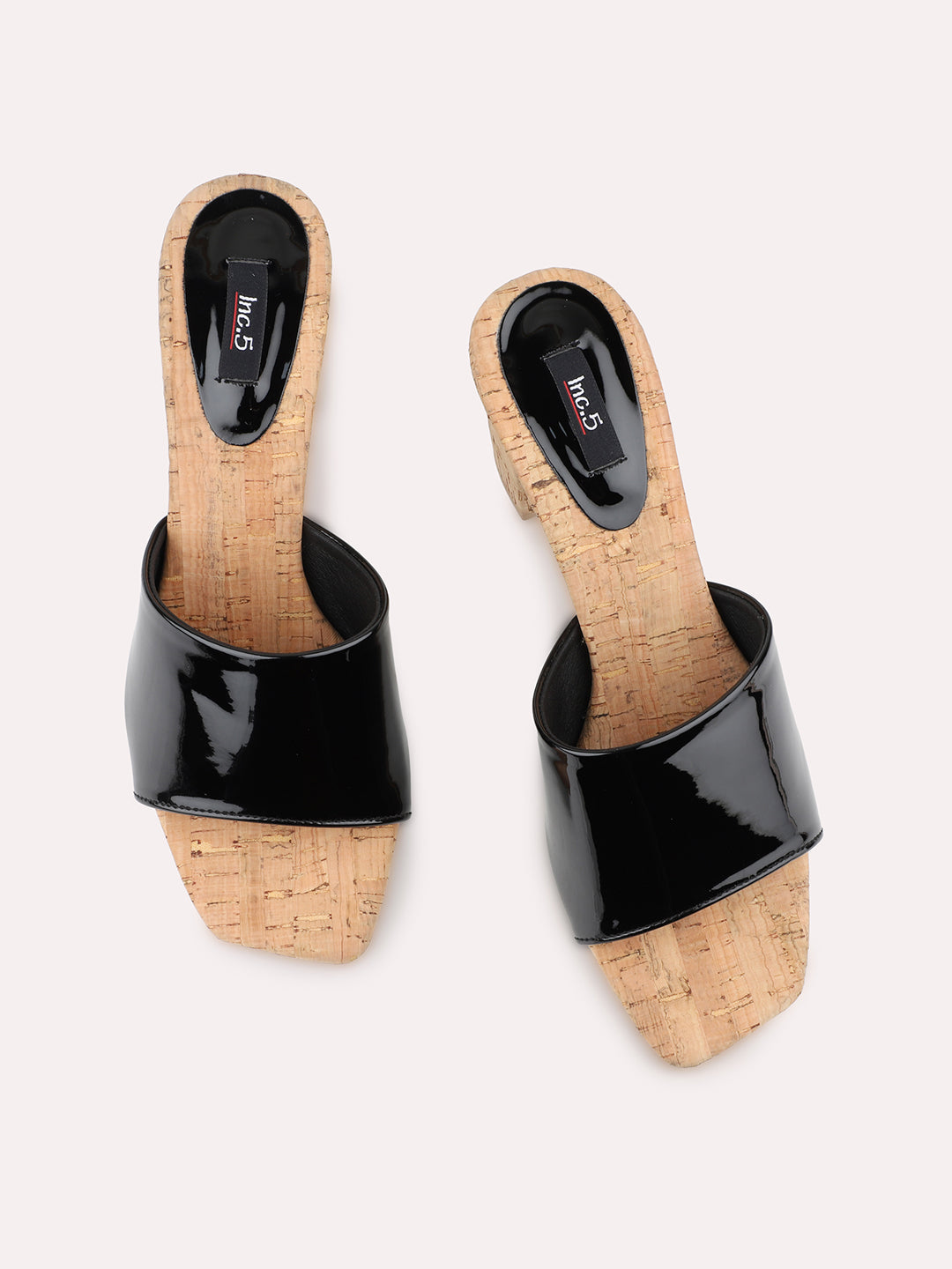 Women Black Cork Finish Open Toe Block Heels