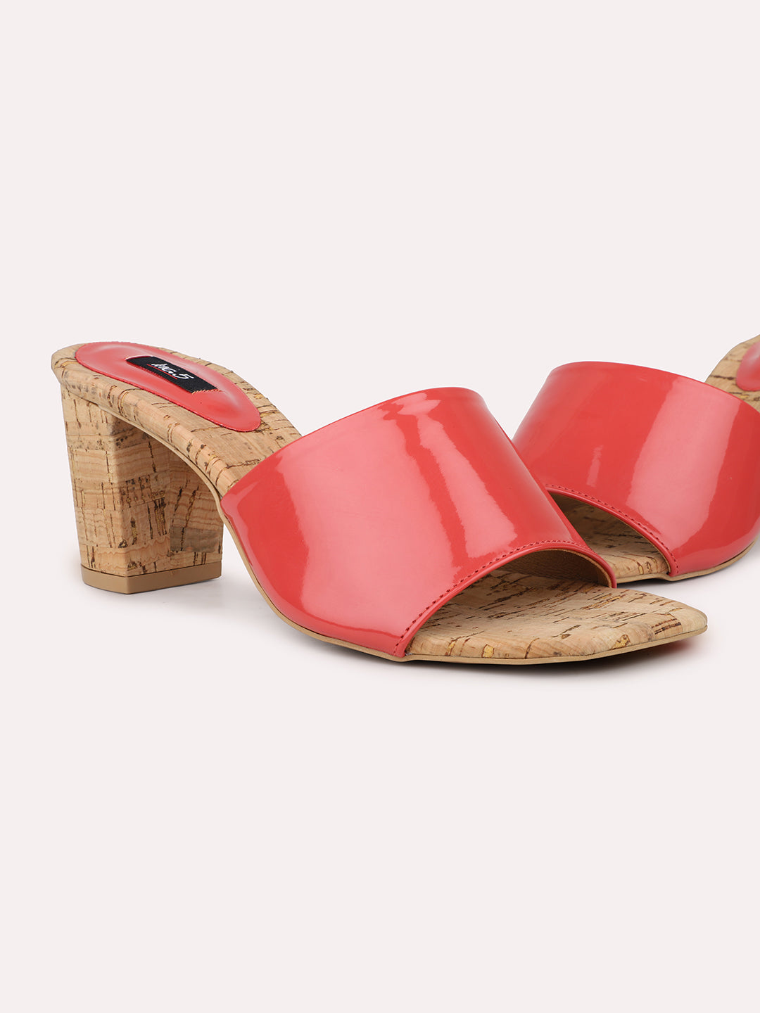 Women Pink Cork Finish Open Toe Block Heels