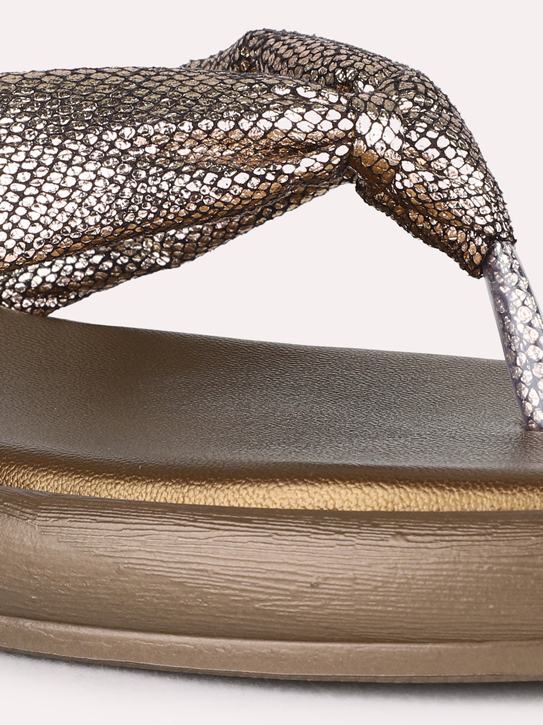 Womens Golden Casual Embellished T-Strap Flat Slip-On Sandals