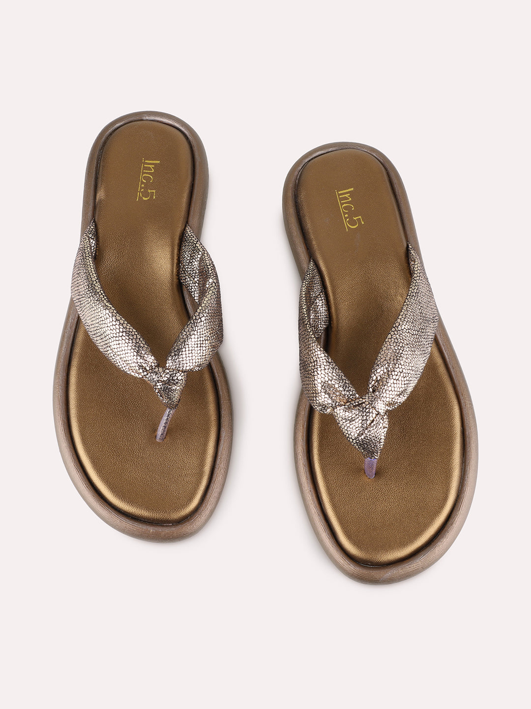 Womens Golden Casual Embellished T-Strap Flat Slip-On Sandals